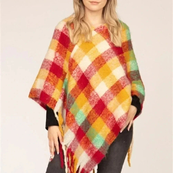 MULTI COLOR PLAID PRINT PONCHO - SOFT - Picture 2 of 8